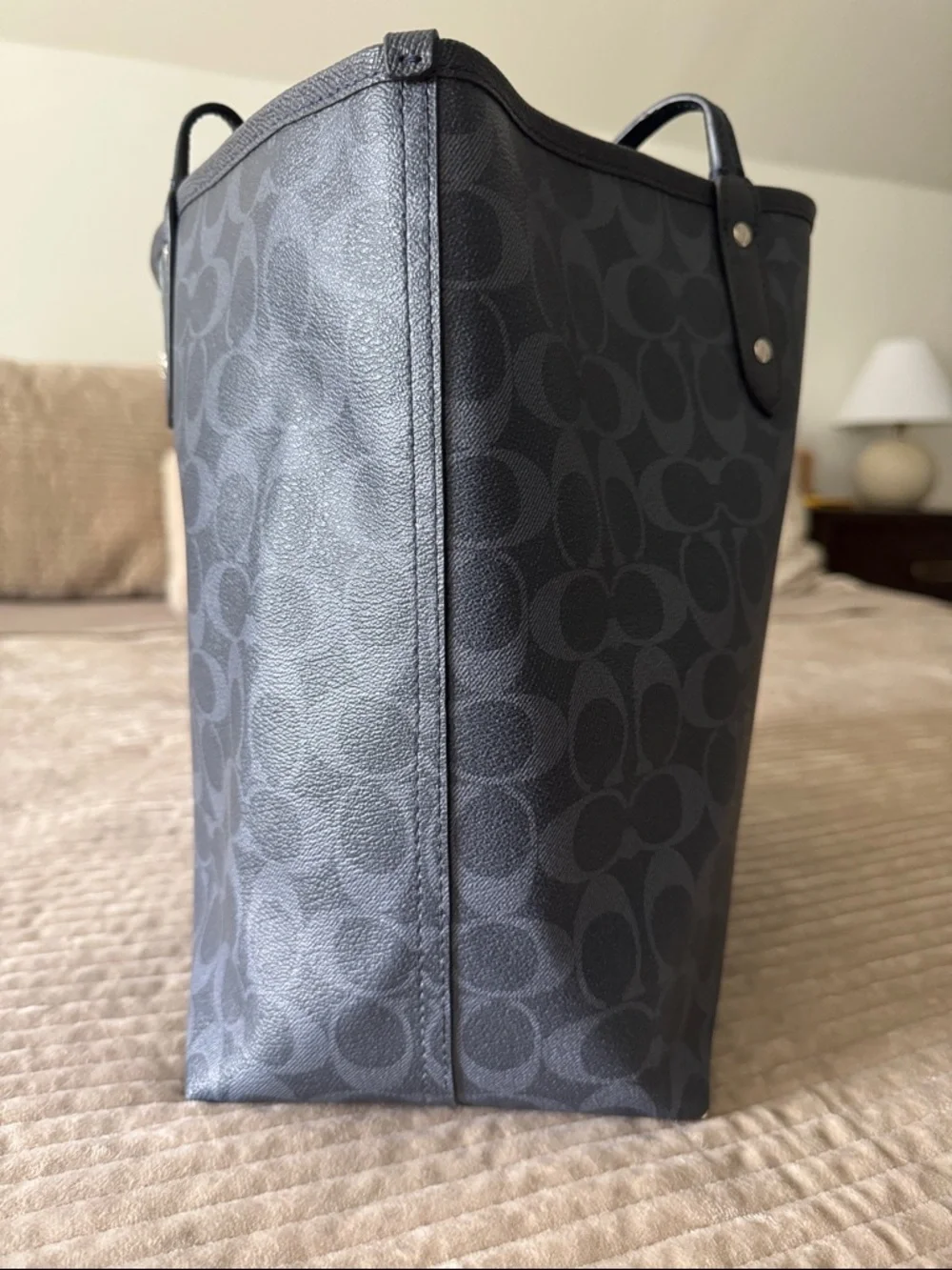 Coach Reversible Canvas CityTote Signature Varsity Floral Stripe Purple Star EUC